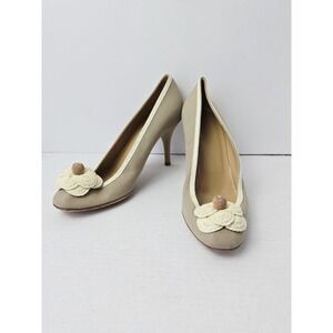 Chanel Camellia Raffia flower logo heel pump sz 371/2